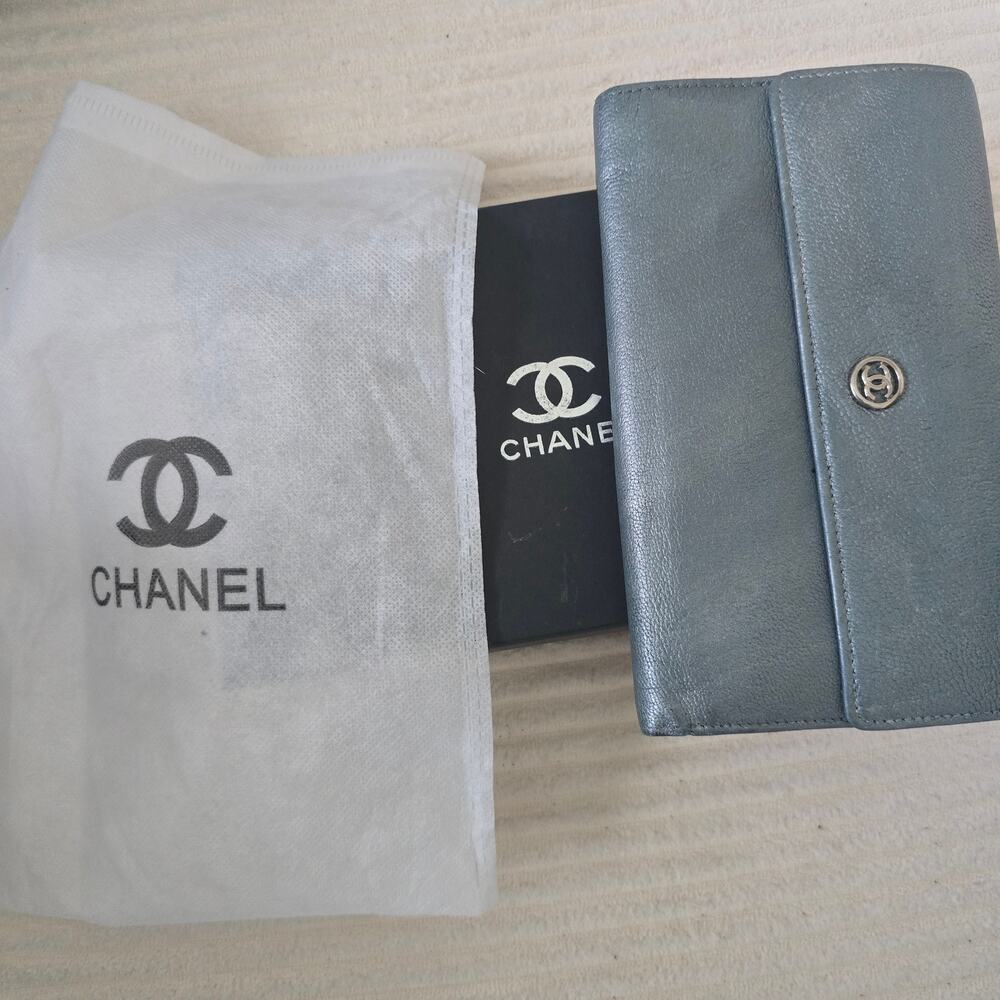 Chanel Coco Button Trifold Long Wallet Blue Shimmer Vintage